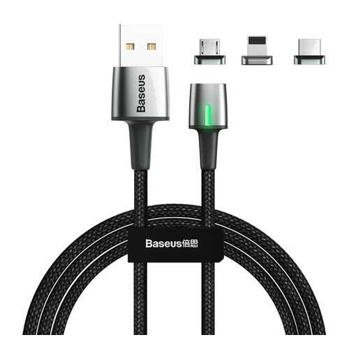 Кабель Baseus Multi USB-iP+Micro+Type-C Zinc Magnetic Black 2m 2.4A в Евросеть