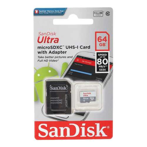 Карта памяти Sandisk Micro SDXC SDSQUNS-064G-GN3MA 64GB в Евросеть